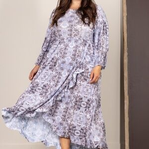 GREY PLEATED RUFFLED LONG SLEEVES PLUS SIZE MAXI DRESS